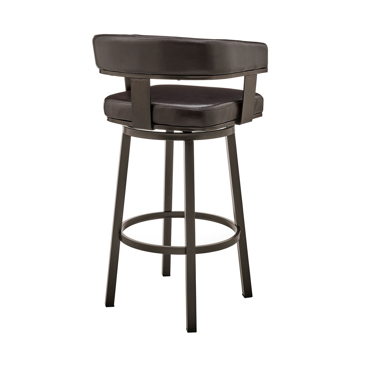 30" Chocolate And Gray Faux Leather And Iron Swivel Low Back Bar Height Bar Chair-4