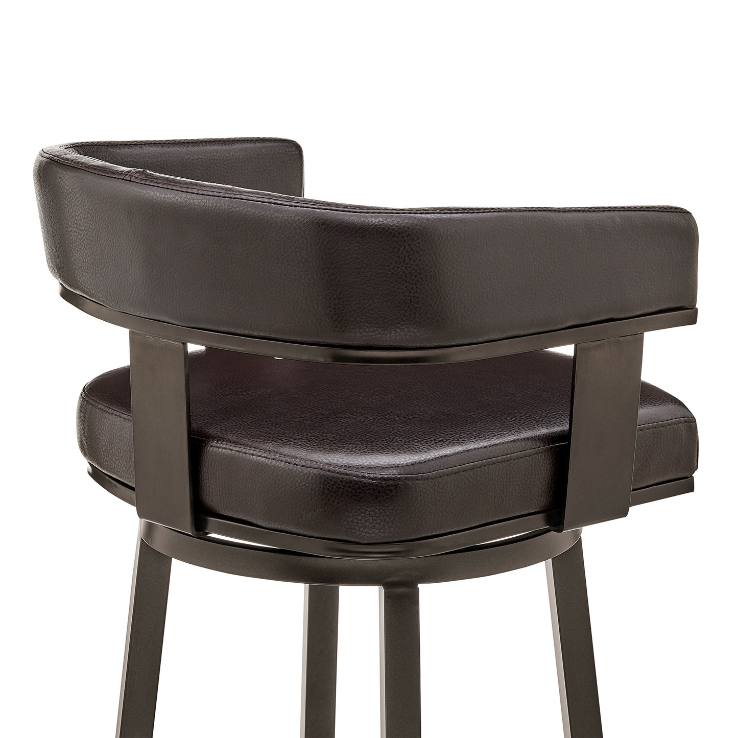 30" Chocolate And Gray Faux Leather And Iron Swivel Low Back Bar Height Bar Chair-7