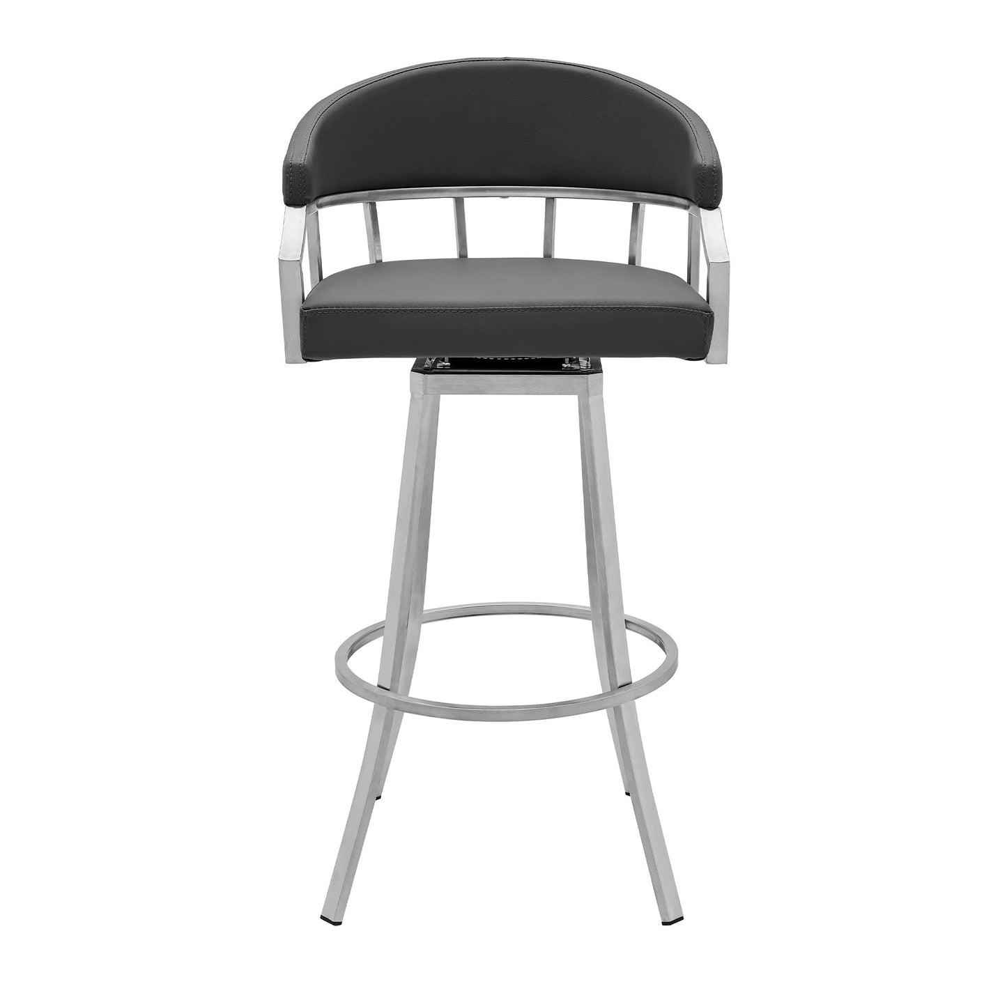 30" Gray And Silver Faux Leather And Iron Swivel Low Back Bar Height Bar Chair-2