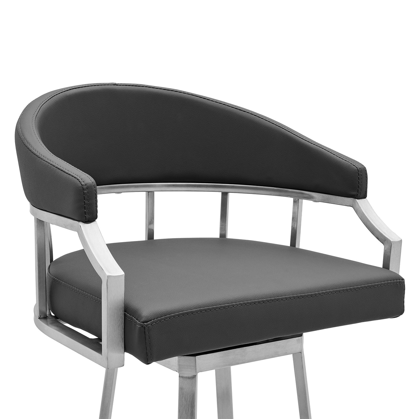 30" Gray And Silver Faux Leather And Iron Swivel Low Back Bar Height Bar Chair-6