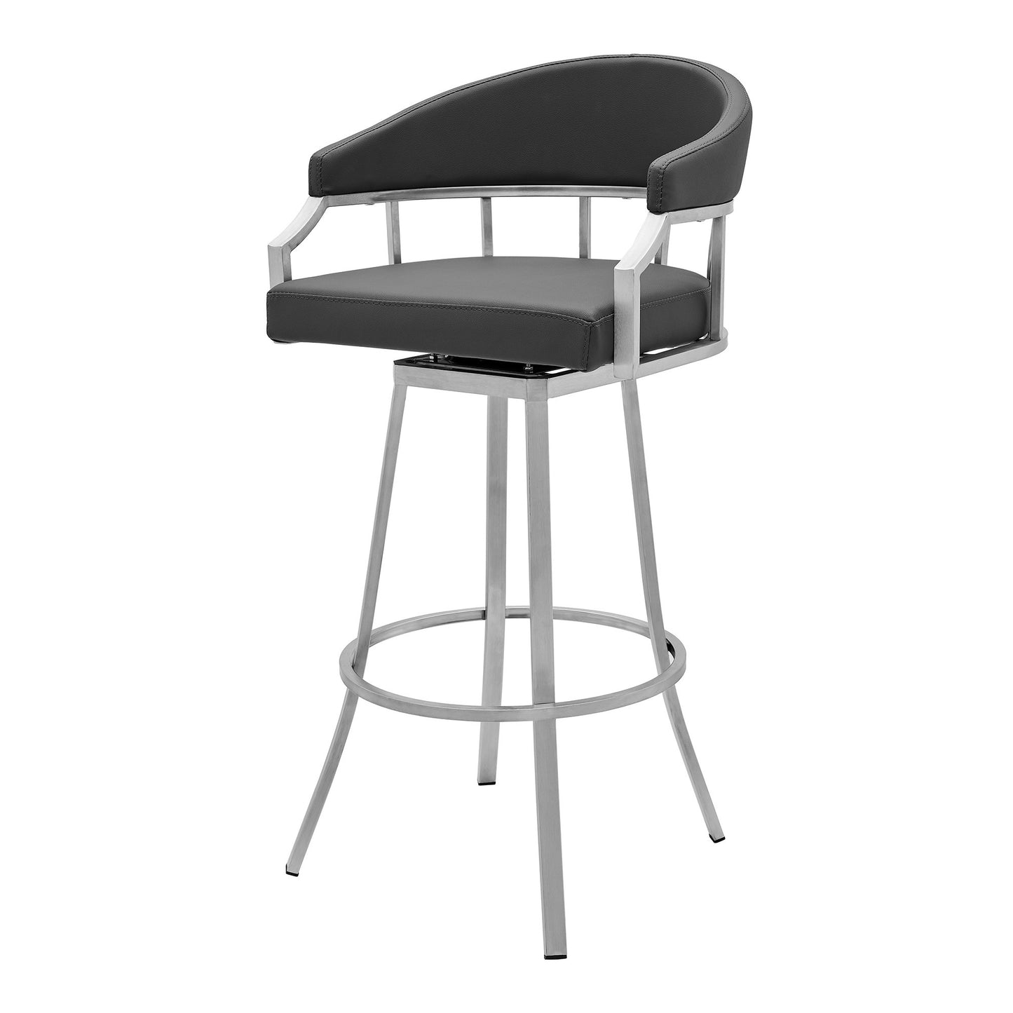 30" Gray And Silver Faux Leather And Iron Swivel Low Back Bar Height Bar Chair-5