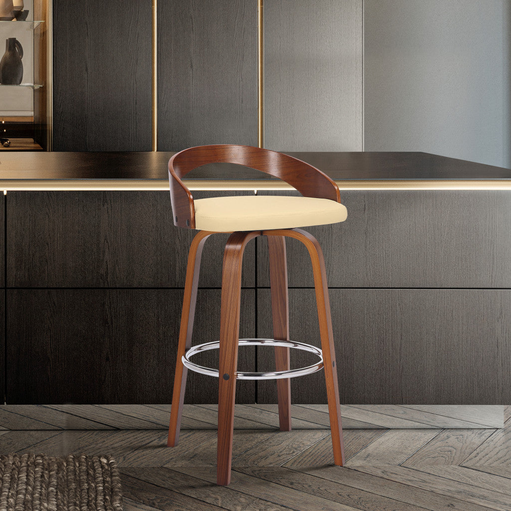 26" Cream and Brown Faux Leather and Solid Wood Low Back Counter Height Swivel Bar Chair-7
