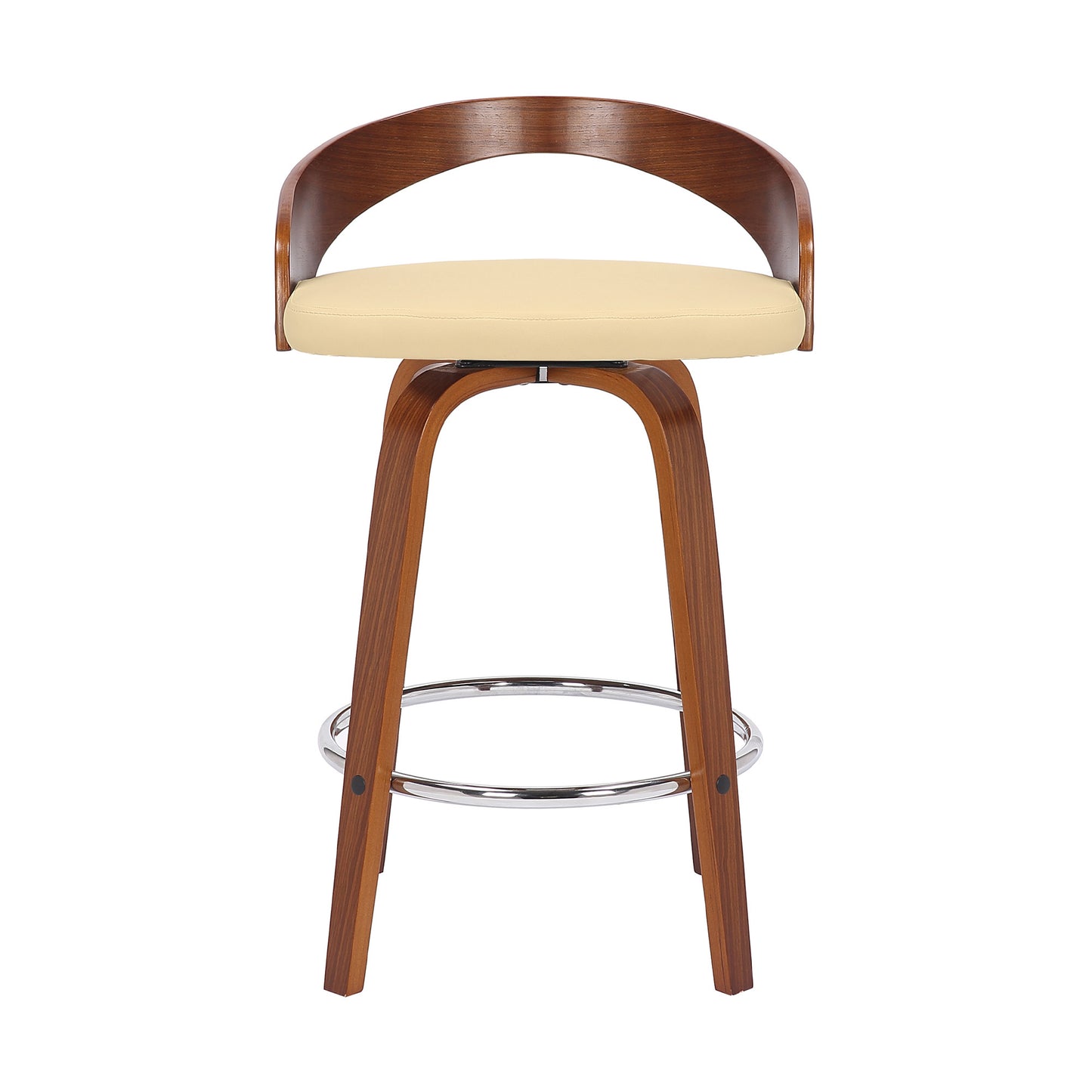 26" Cream and Brown Faux Leather and Solid Wood Low Back Counter Height Swivel Bar Chair-1