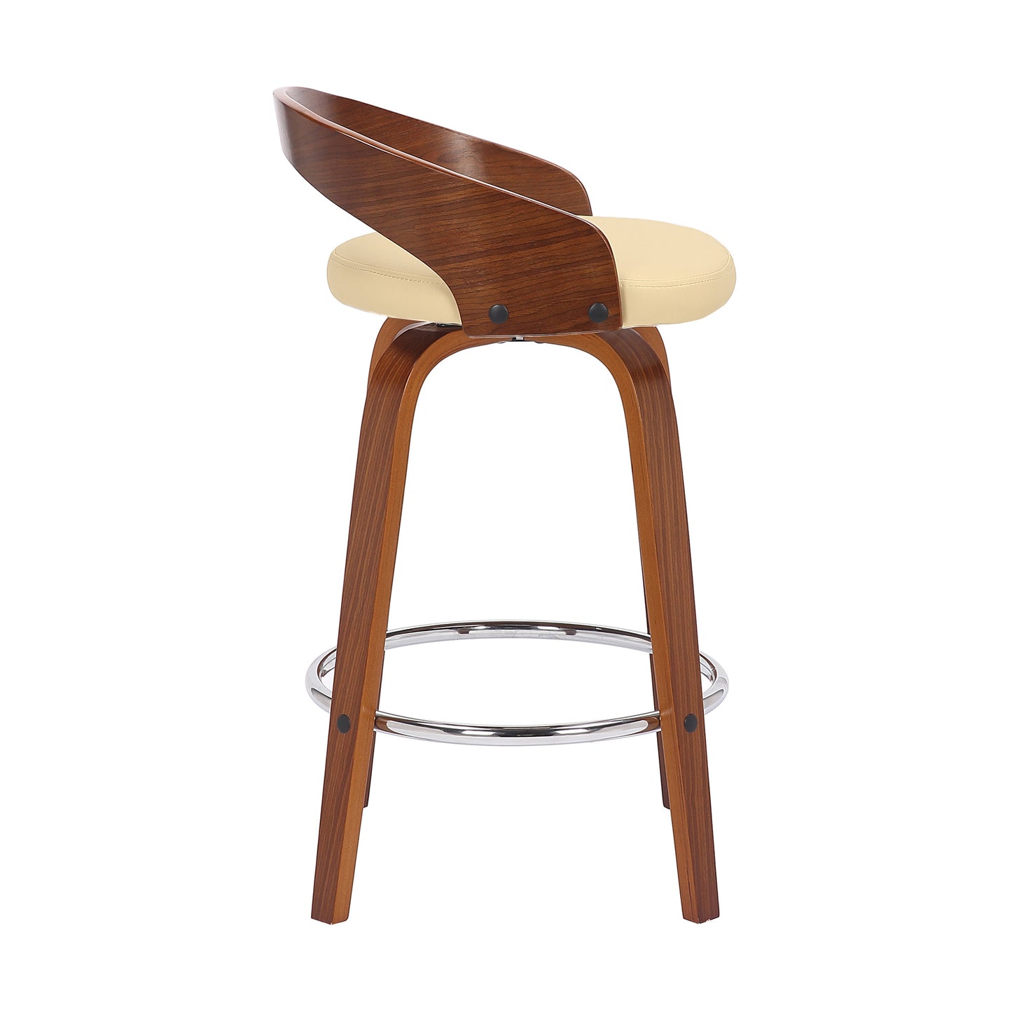 26" Cream and Brown Faux Leather and Solid Wood Low Back Counter Height Swivel Bar Chair-3