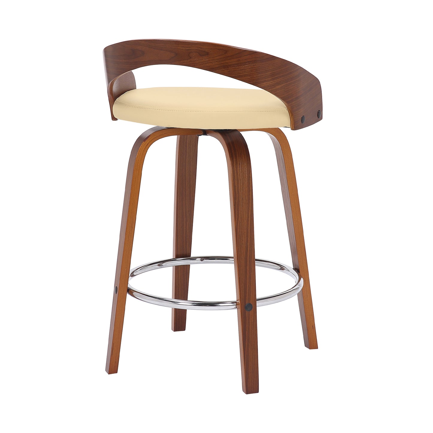 26" Cream and Brown Faux Leather and Solid Wood Low Back Counter Height Swivel Bar Chair-4