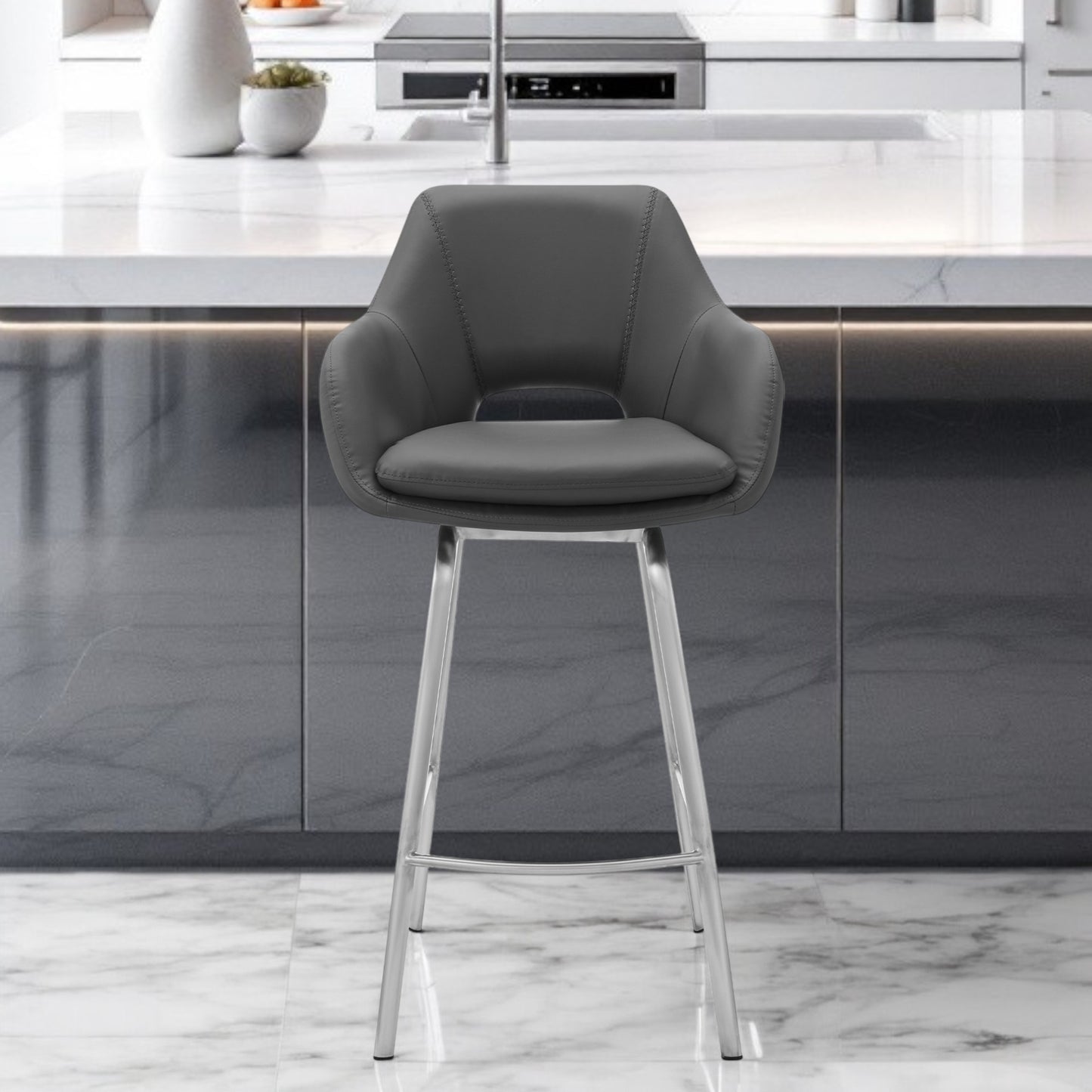 30" Gray And Silver Iron Swivel Low Back Bar Height Bar Chair-0