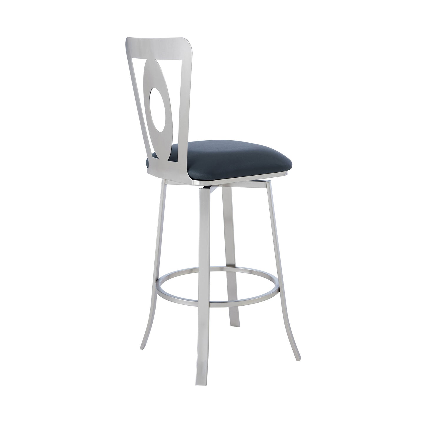 30" Gray And Silver Faux Leather And Iron Swivel Bar Height Bar Chair-4