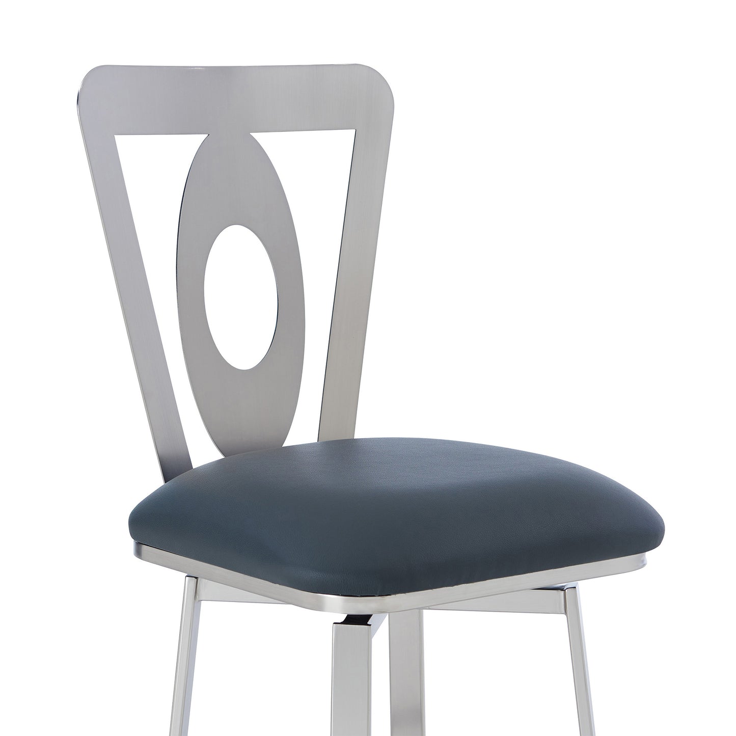 30" Gray And Silver Faux Leather And Iron Swivel Bar Height Bar Chair-5