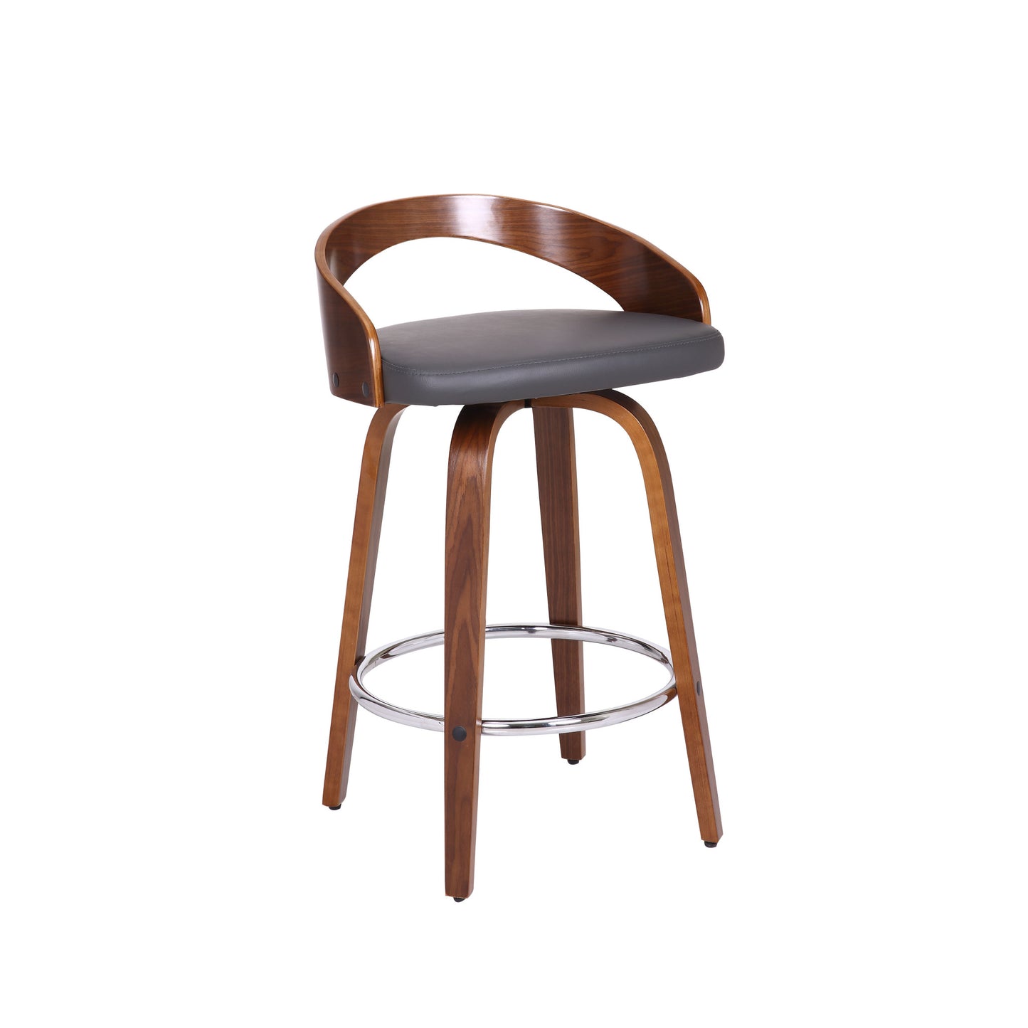 26" Gray and Brown Faux Leather and Iron Low Back Counter Height Swivel Bar Chair-2