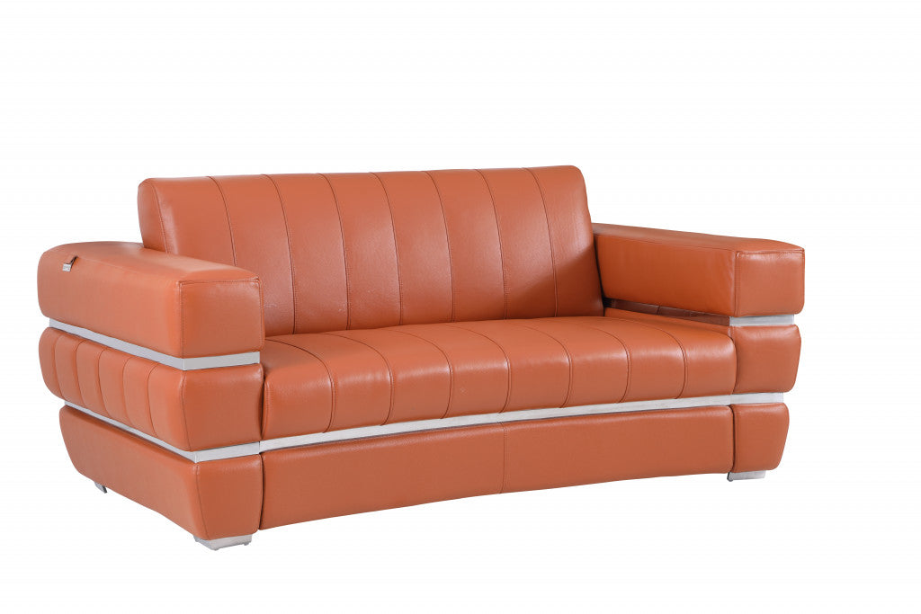75" Camel And Silver Italian Leather Loveseat-2
