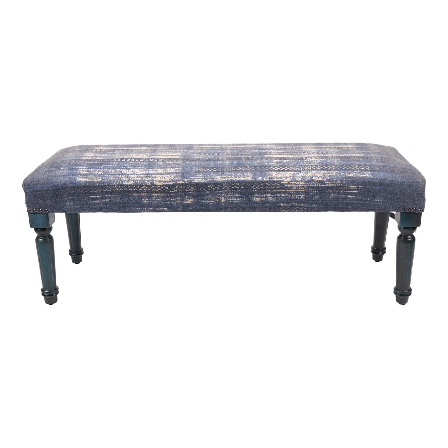 47" Blue And Cream Abstract Design Blue Leg Upholstered Bench-2