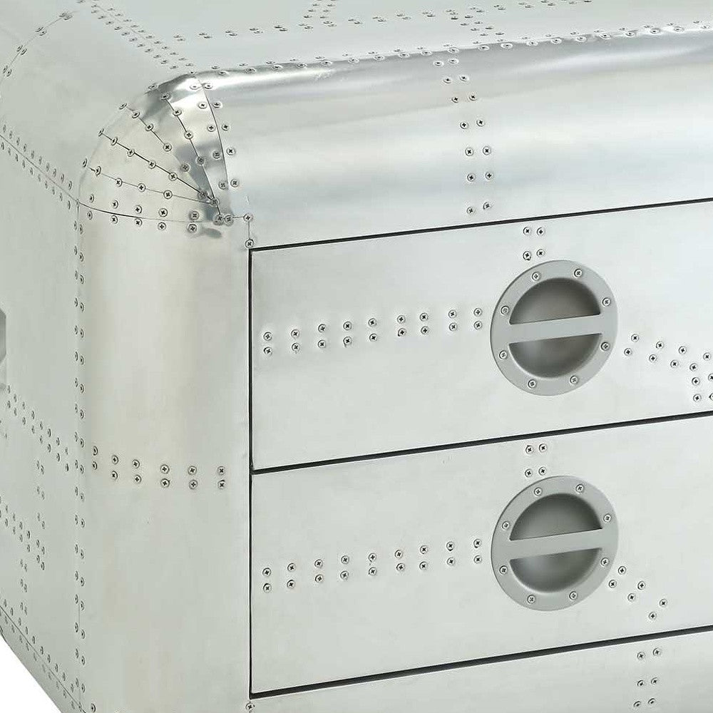 22" Silver Aluminum Aviator Trunk Style Square End Table With Two Drawers-4