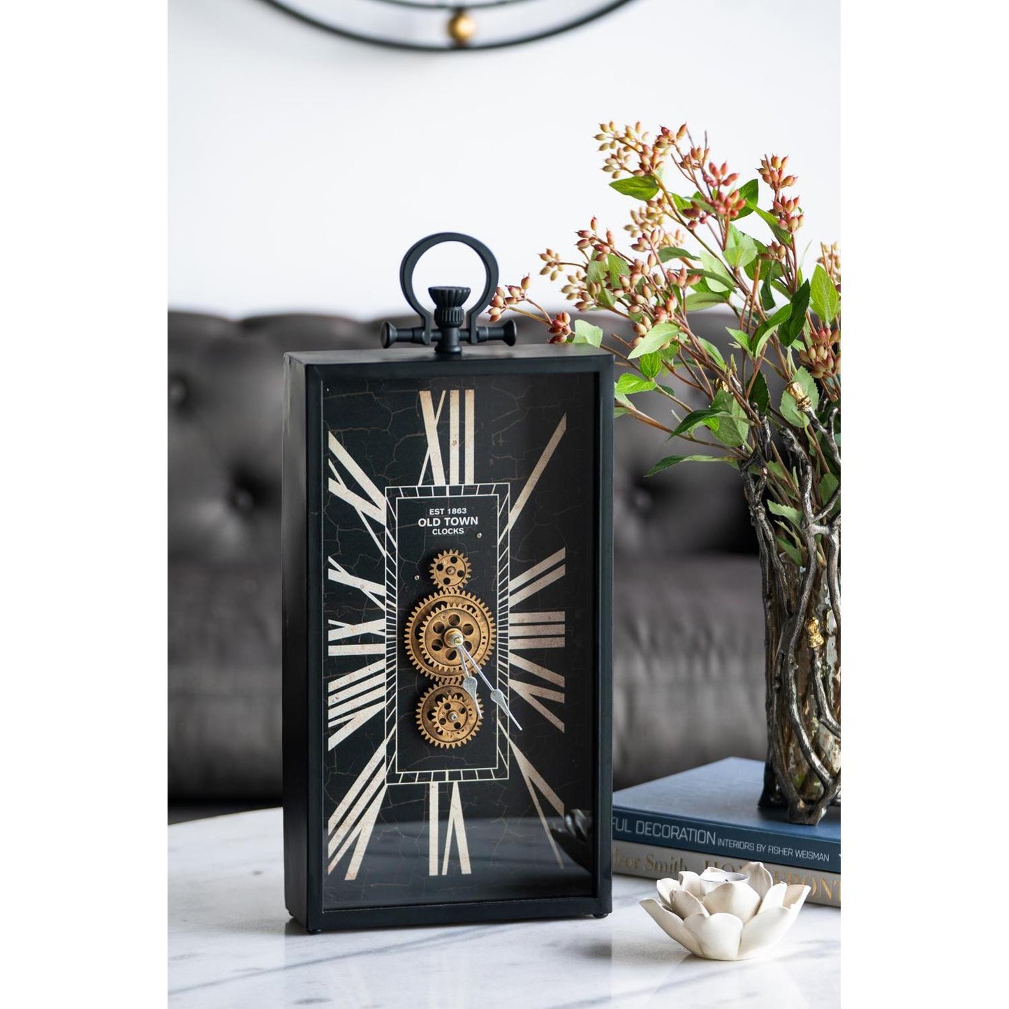 10" Black and Gold Metal and Glass Analog Vintage Style Crackle Wall Clock-6