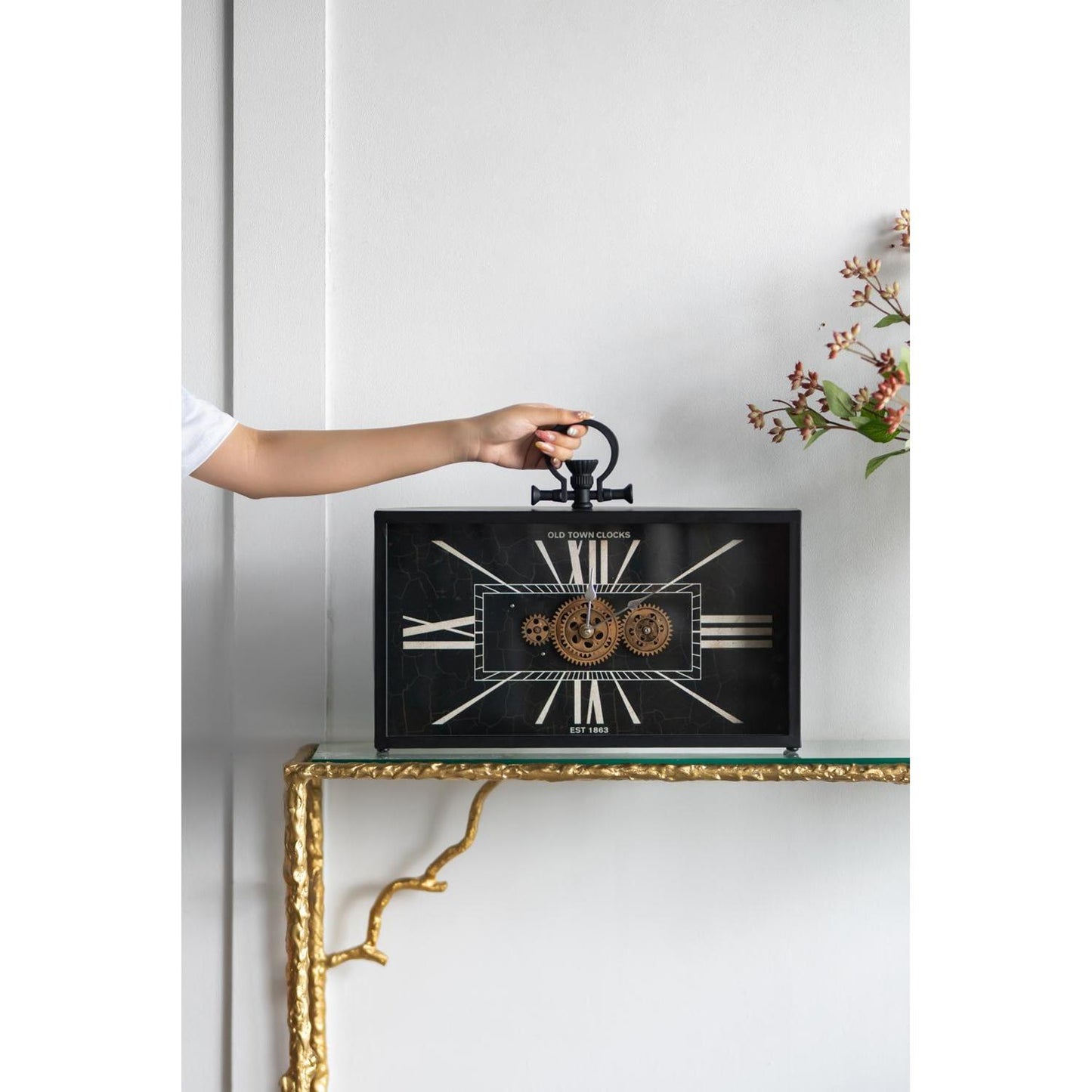 13" Black and Gold Metal and Glass Analog Vintage Style Crackle Wall Clock-6