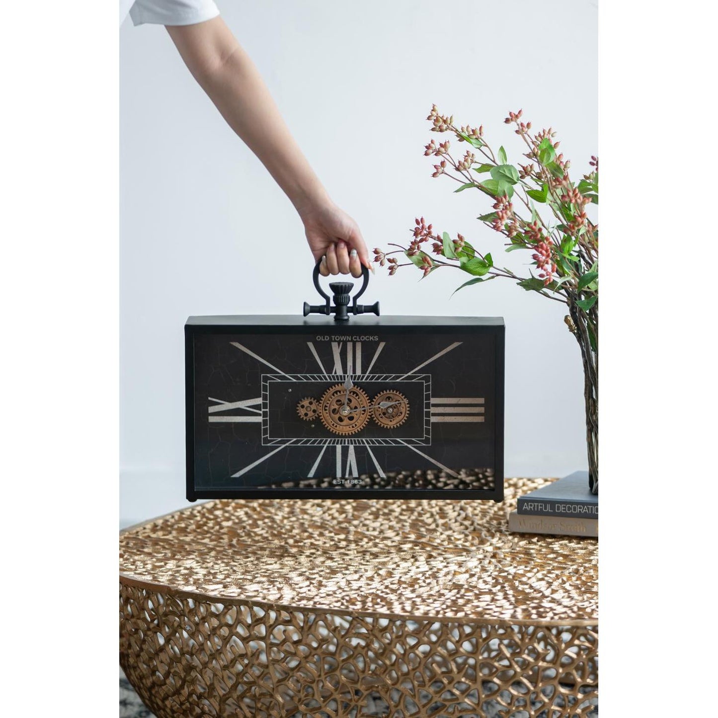 13" Black and Gold Metal and Glass Analog Vintage Style Crackle Wall Clock-4