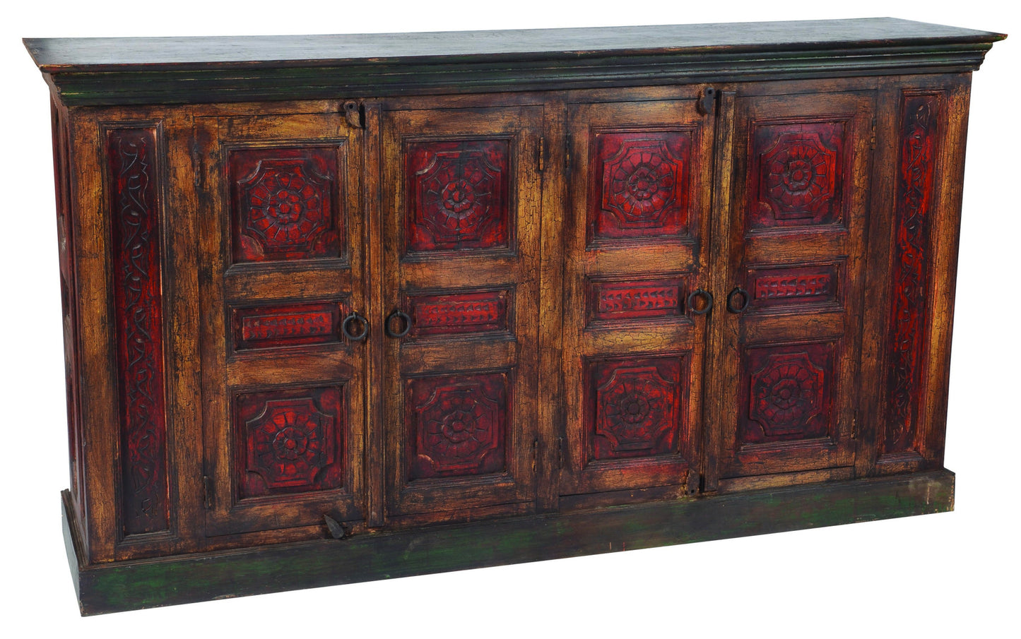 80" Brown And Red Distressed Solid Wood Carved Floral Buffet Table with Four Doors-1