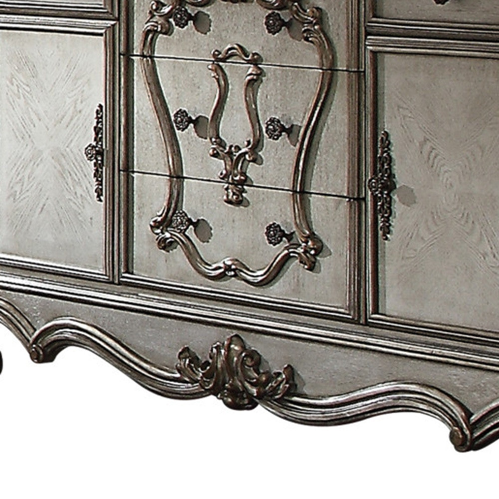 70" Platinum Carved Scrollwork Wood And Polyresin Five Drawer Triple Dresser-2