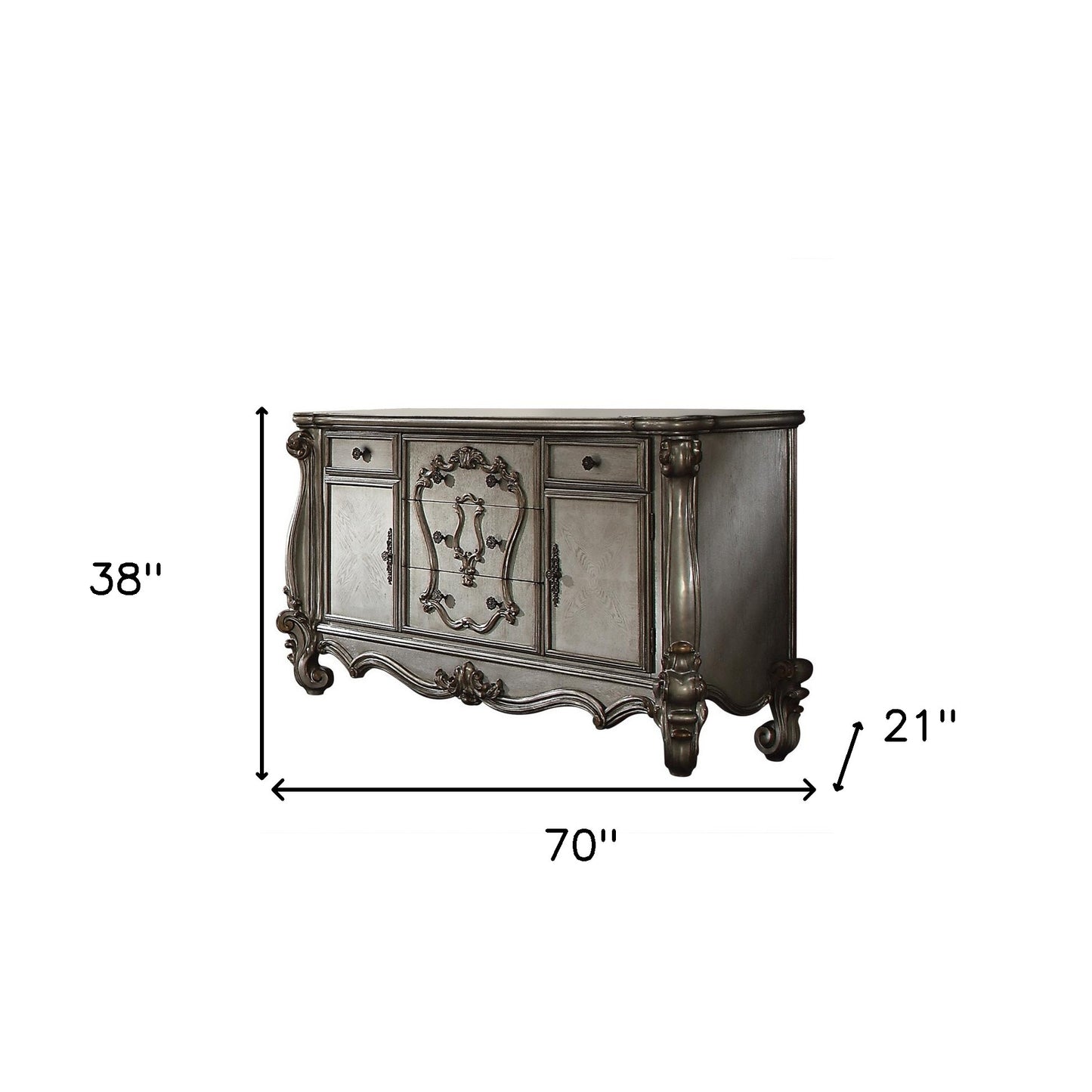 70" Platinum Carved Scrollwork Wood And Polyresin Five Drawer Triple Dresser-4