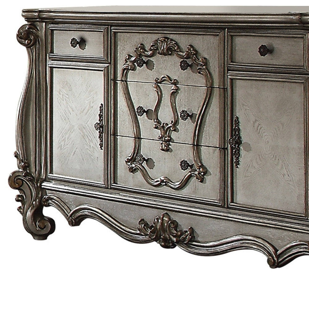 70" Platinum Carved Scrollwork Wood And Polyresin Five Drawer Triple Dresser-3