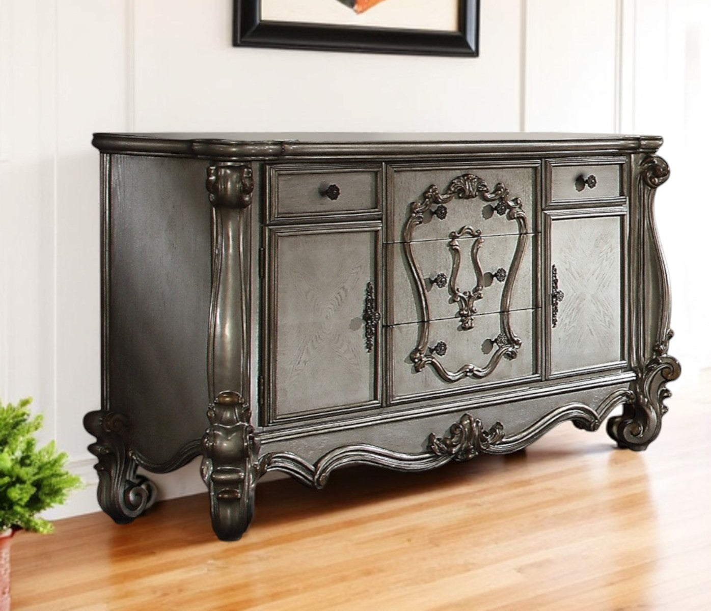 70" Platinum Carved Scrollwork Wood And Polyresin Five Drawer Triple Dresser-0