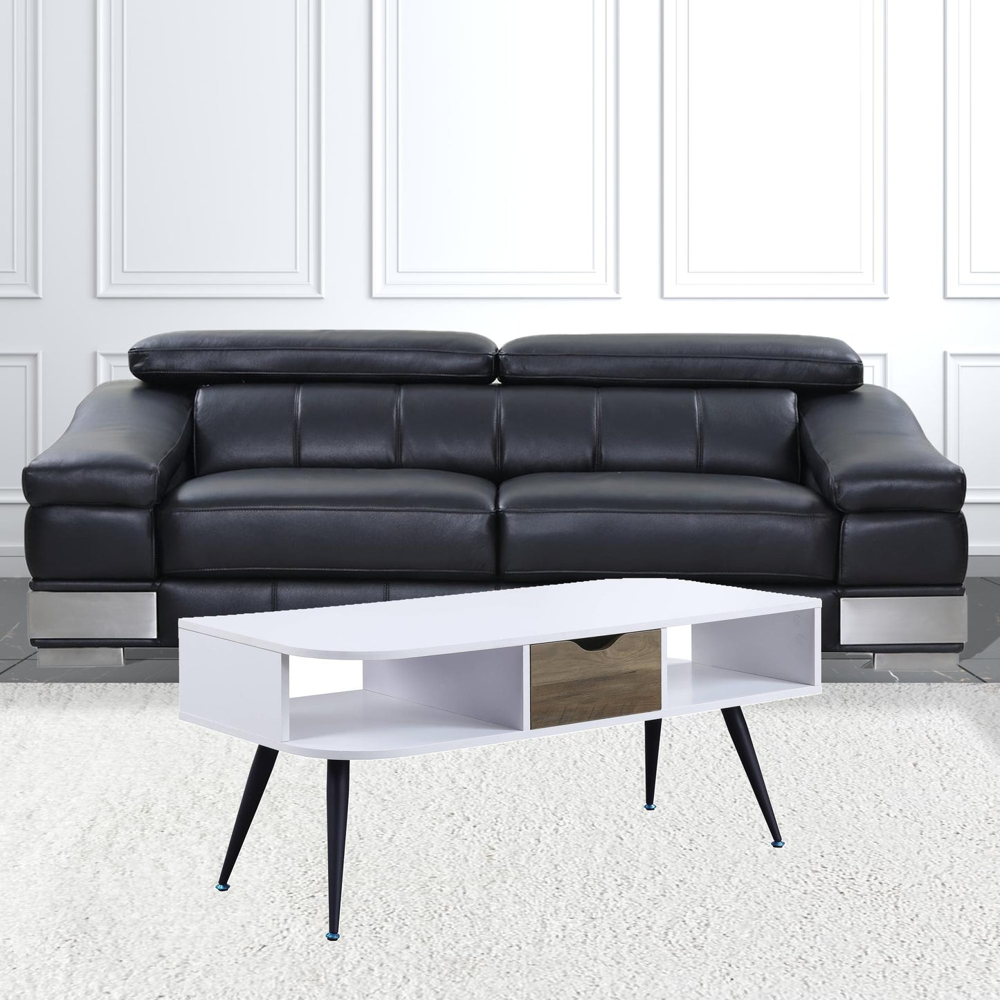 44" White and Black Melamine Veneer And Metal Coffee Table With Drawer And Shelf-2