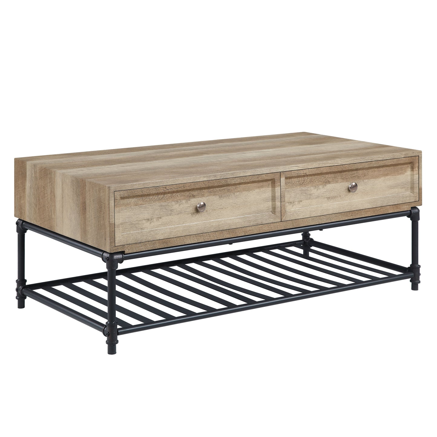 47" Oak and Brown Metal Coffee Table With Two Drawers And Shelf-2