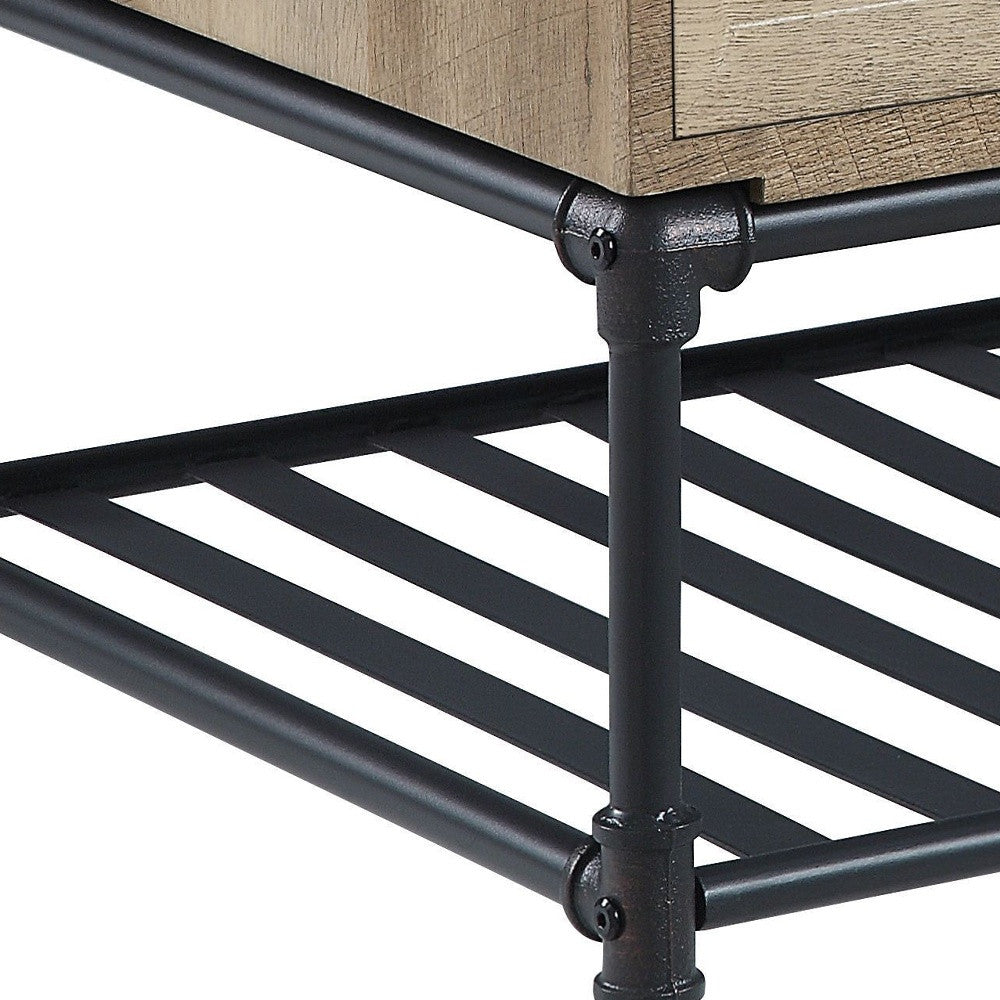 47" Oak and Brown Metal Coffee Table With Two Drawers And Shelf-3