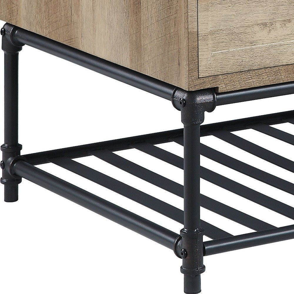 47" Oak and Brown Metal Coffee Table With Two Drawers And Shelf-4