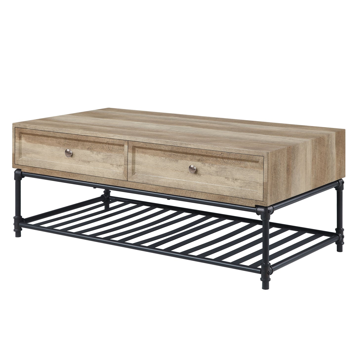 47" Oak and Brown Metal Coffee Table With Two Drawers And Shelf-0