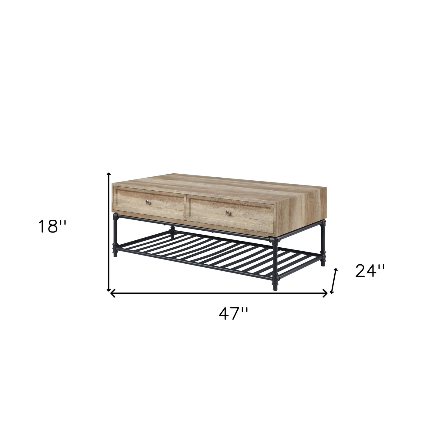 47" Oak and Brown Metal Coffee Table With Two Drawers And Shelf-5