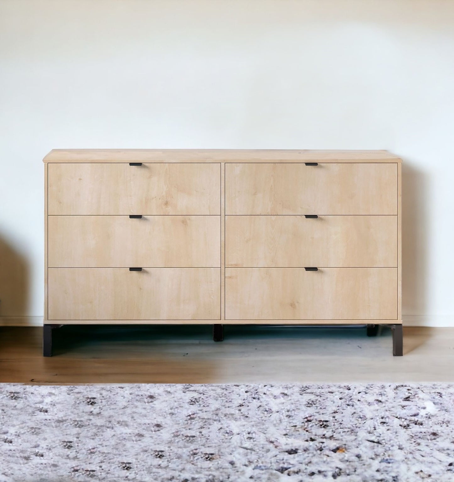 59" Light Natural Manufactured Wood with Black Six Drawer Double Dresser-1