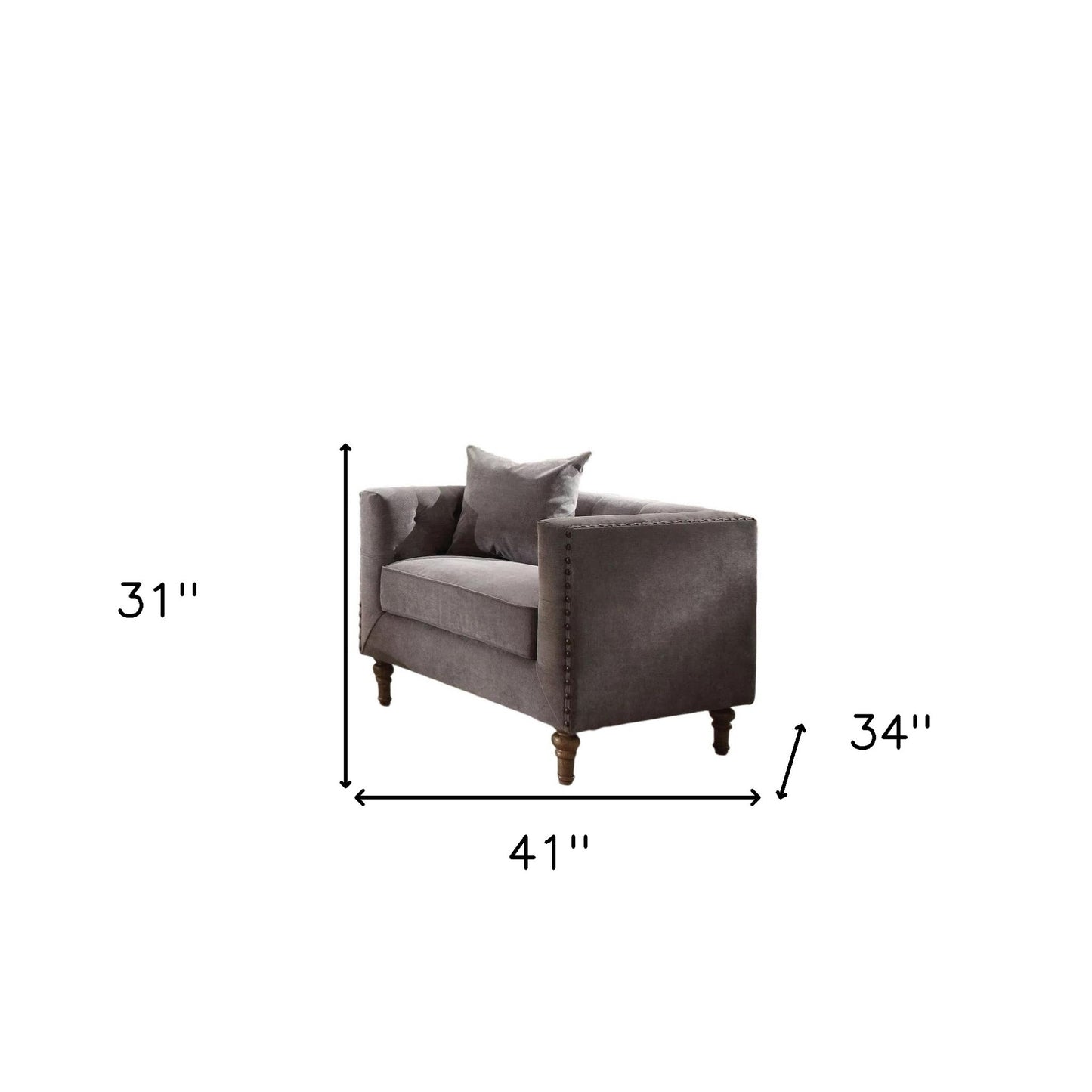 41" Gray and Antiqued Brass Velvet Tufted Arm Chair And Toss Pillow-5