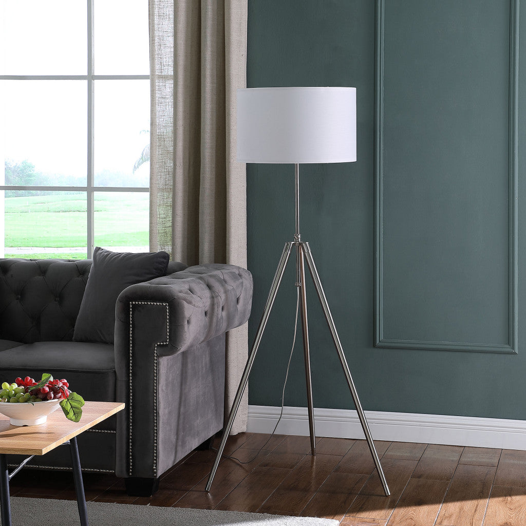 64" Silver Adjustable Tripod Floor Lamp With White Fabric Shade-3
