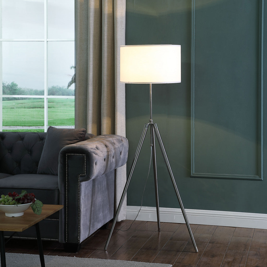 64" Silver Adjustable Tripod Floor Lamp With White Fabric Shade-4