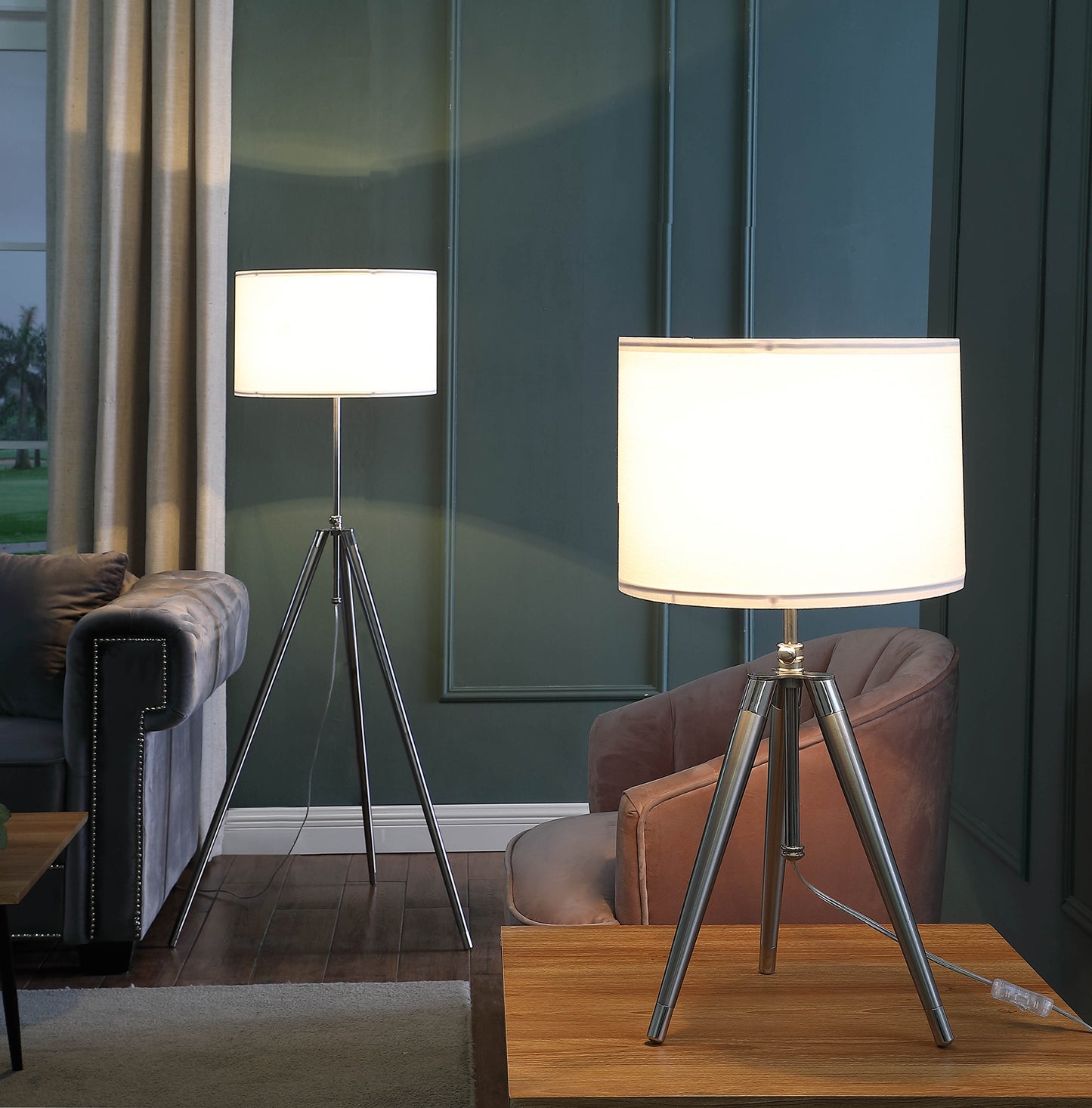 64" Silver Adjustable Tripod Floor Lamp With White Fabric Shade-5
