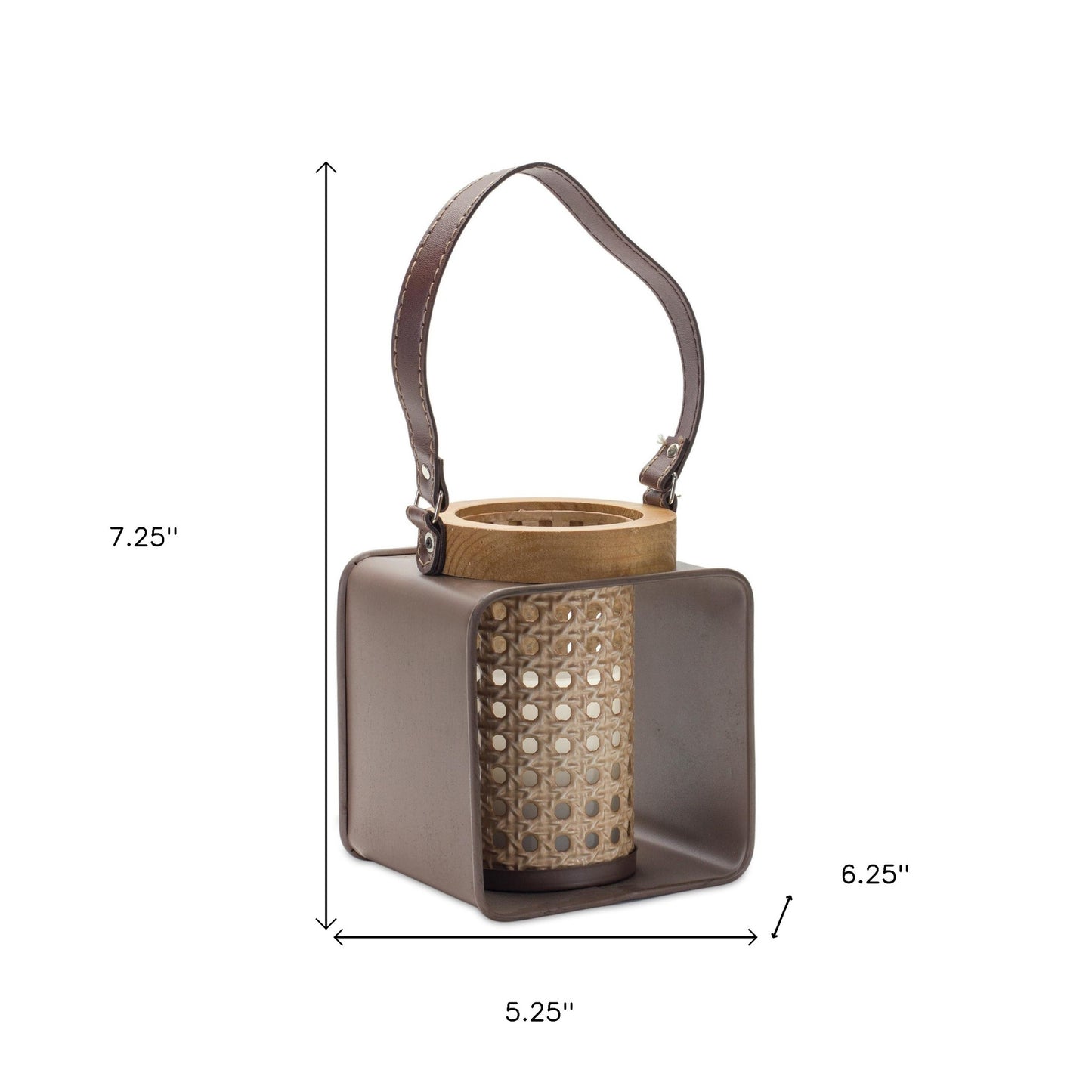 7" Natural And Brown Distressed Lattice Iron And Wood Tabletop Lantern Candle Holder-4