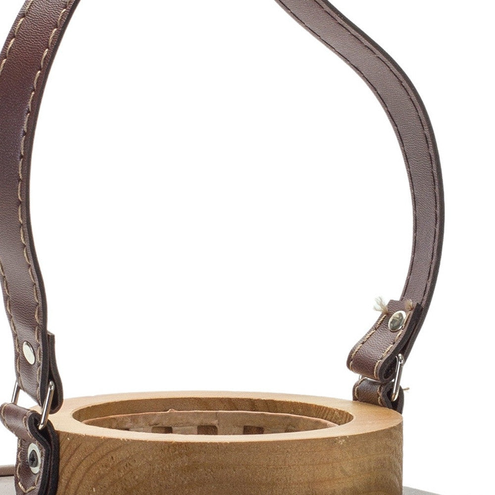 7" Natural And Brown Distressed Lattice Iron And Wood Tabletop Lantern Candle Holder-2