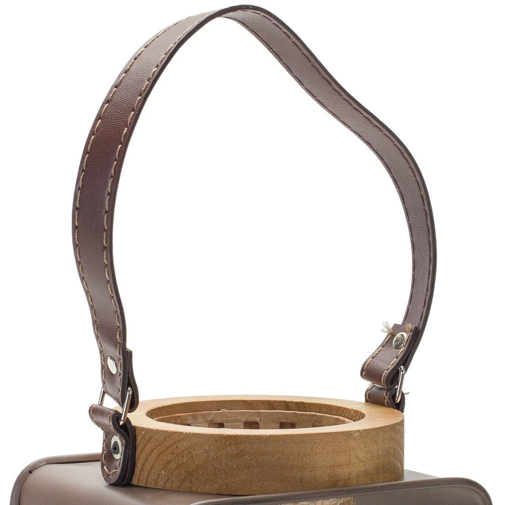 7" Natural And Brown Distressed Lattice Iron And Wood Tabletop Lantern Candle Holder-3
