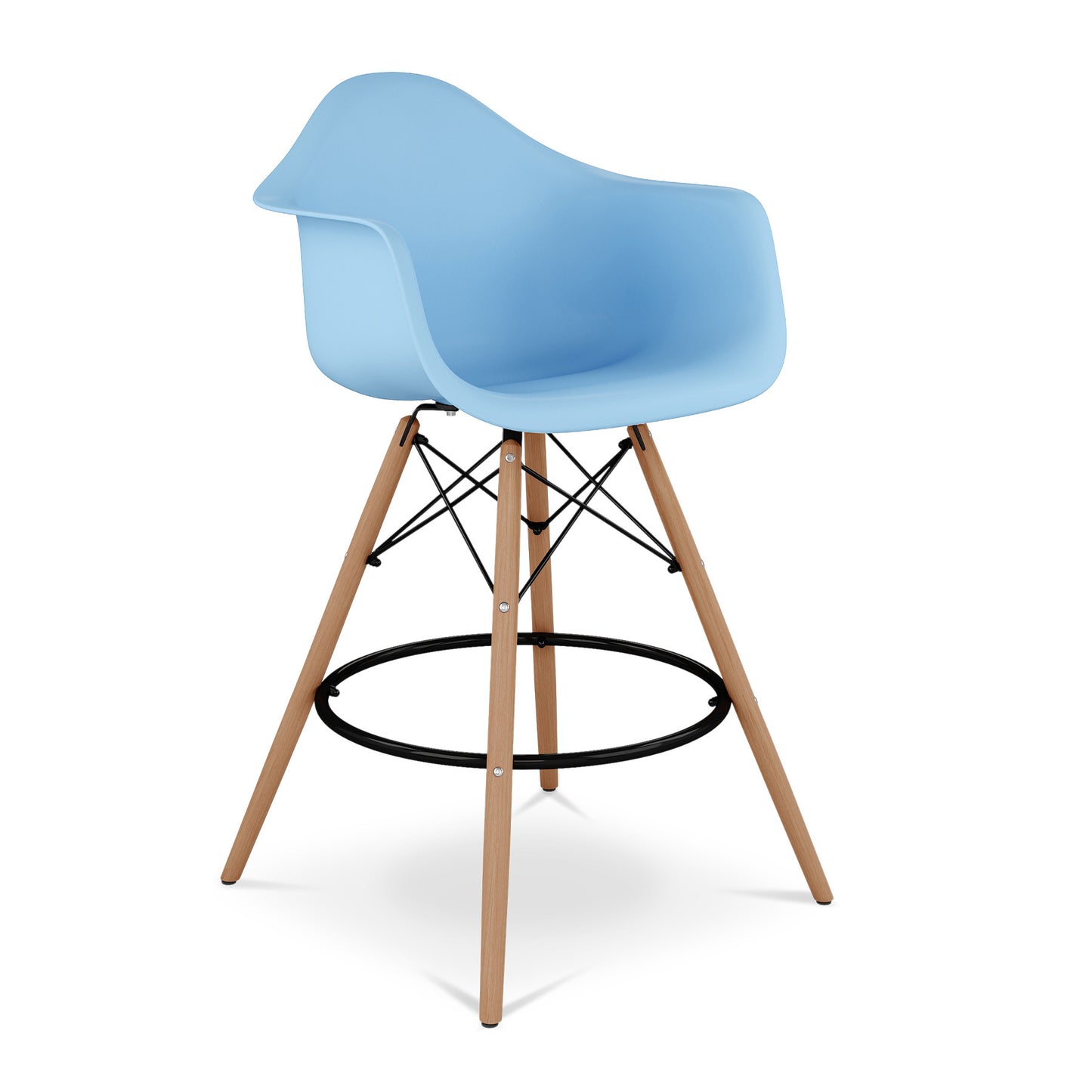 28" Light Blue And Brown Heavy Duty Plastic And Solid Wood Low Back Counter Height Bar Chair-2