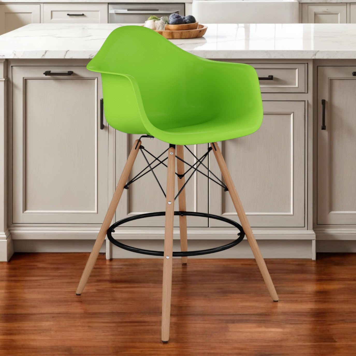 28" Green And Brown Heavy Duty Plastic And Solid Wood Low Back Counter Height Bar Chair-0