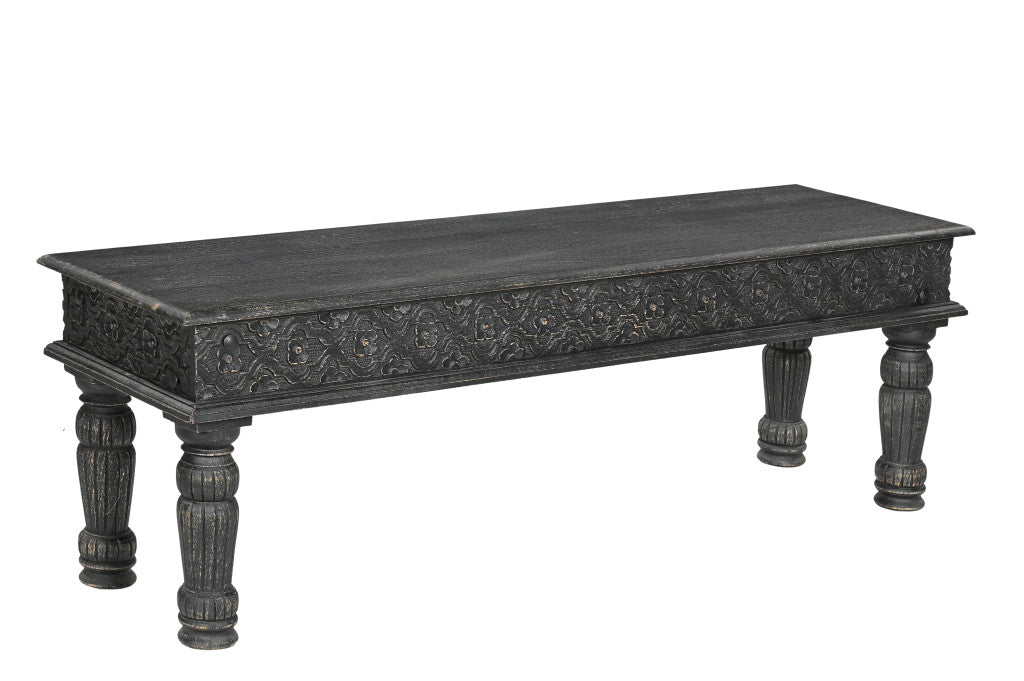 58" Black Floral Distressed Solid Wood Dining Bench-1