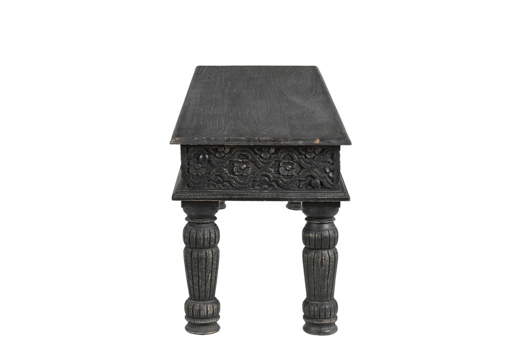 58" Black Floral Distressed Solid Wood Dining Bench-2