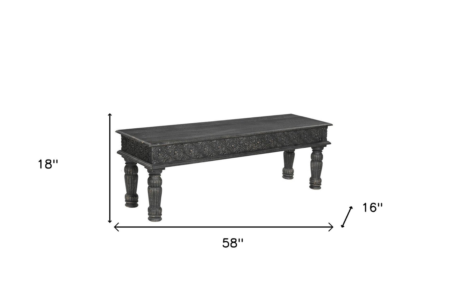 58" Black Floral Distressed Solid Wood Dining Bench-4