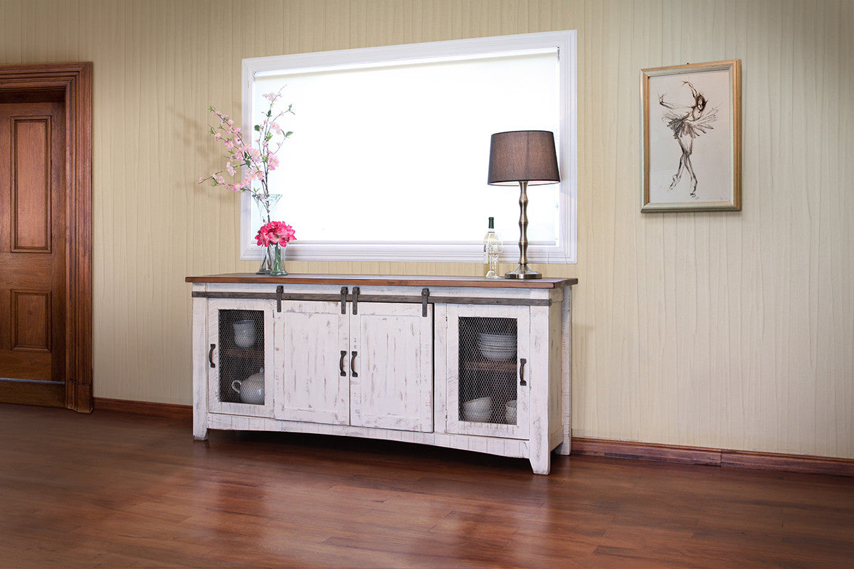 79" White Solid Wood Cabinet Enclosed Storage Distressed TV Stand-3