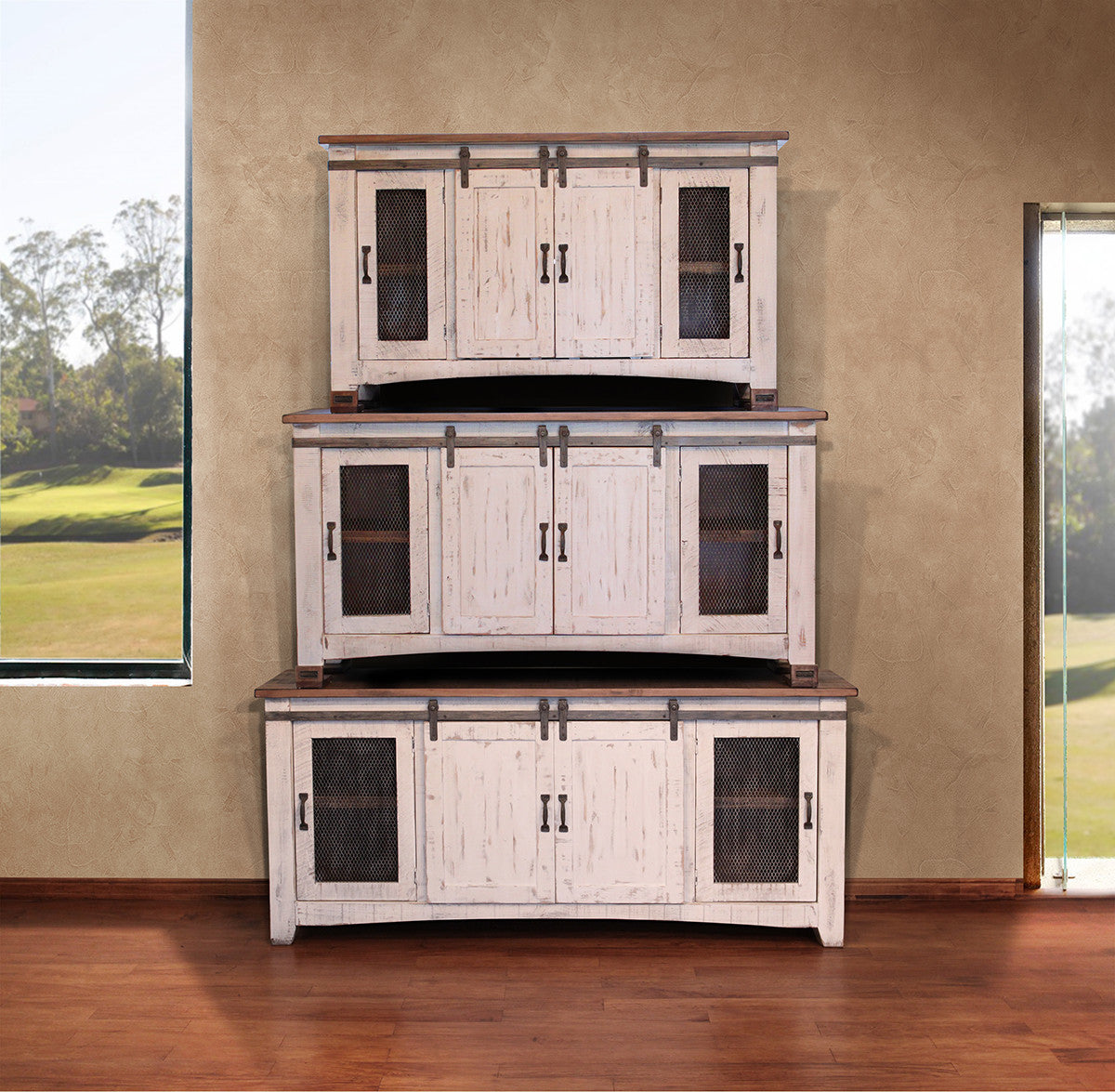 79" White Solid Wood Cabinet Enclosed Storage Distressed TV Stand-5