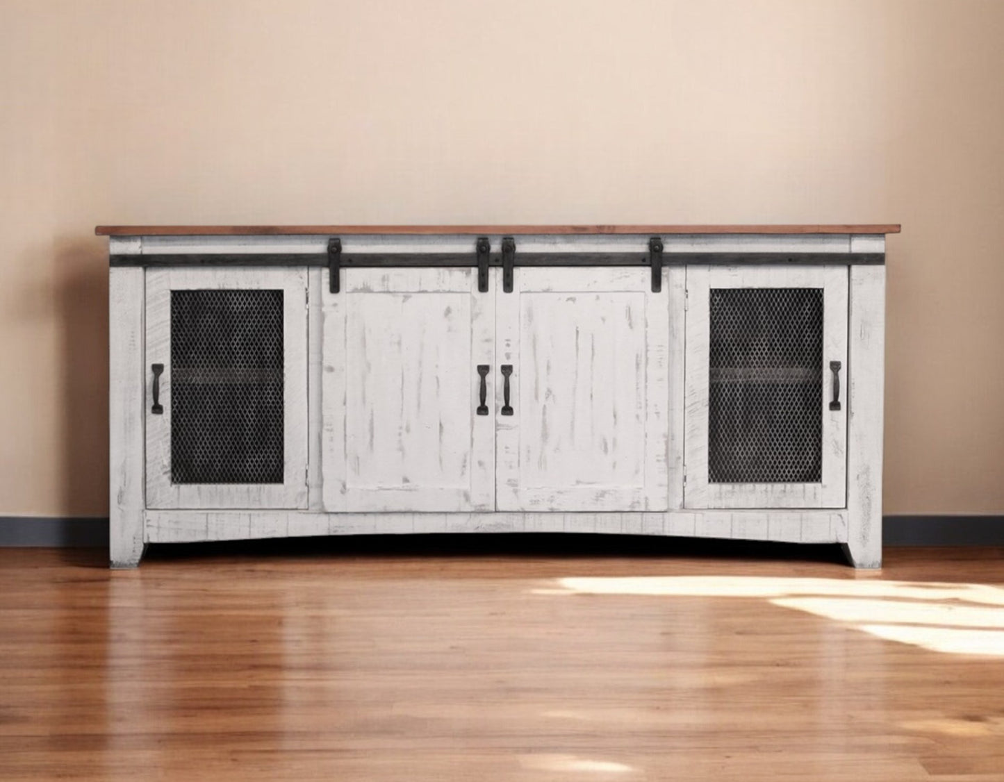 79" White Solid Wood Cabinet Enclosed Storage Distressed TV Stand-0