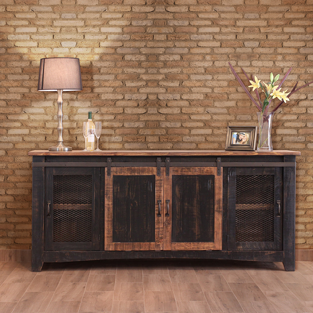 79" Black Solid Wood Cabinet Enclosed Storage Distressed TV Stand-3