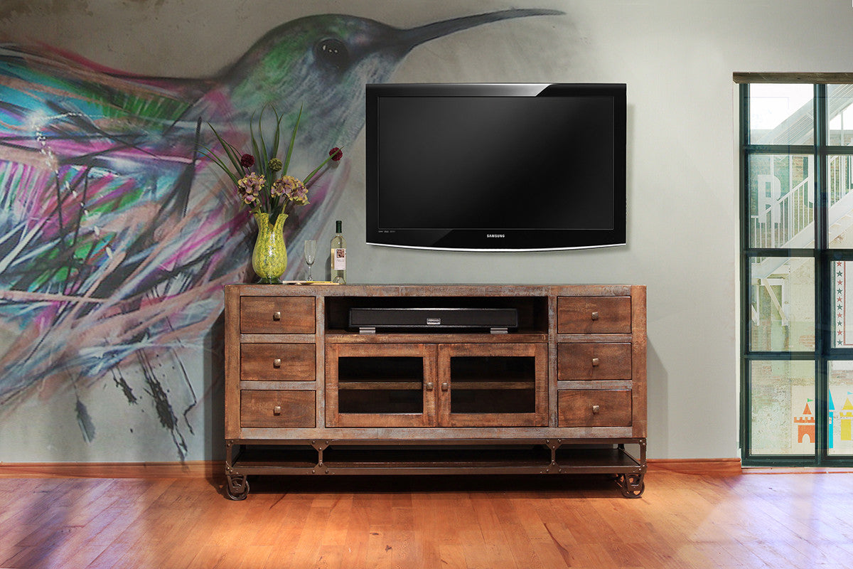76" Brown Solid Wood Cabinet Enclosed Storage Distressed TV Stand-3