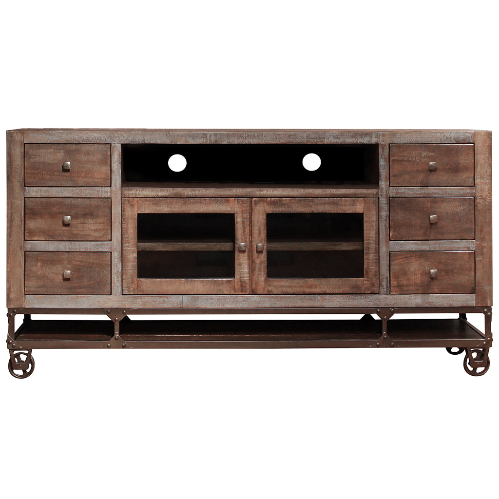 76" Brown Solid Wood Cabinet Enclosed Storage Distressed TV Stand-1