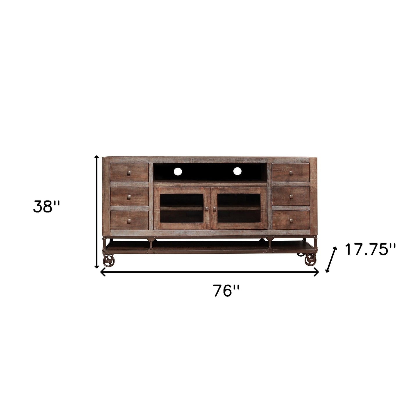 76" Brown Solid Wood Cabinet Enclosed Storage Distressed TV Stand-2